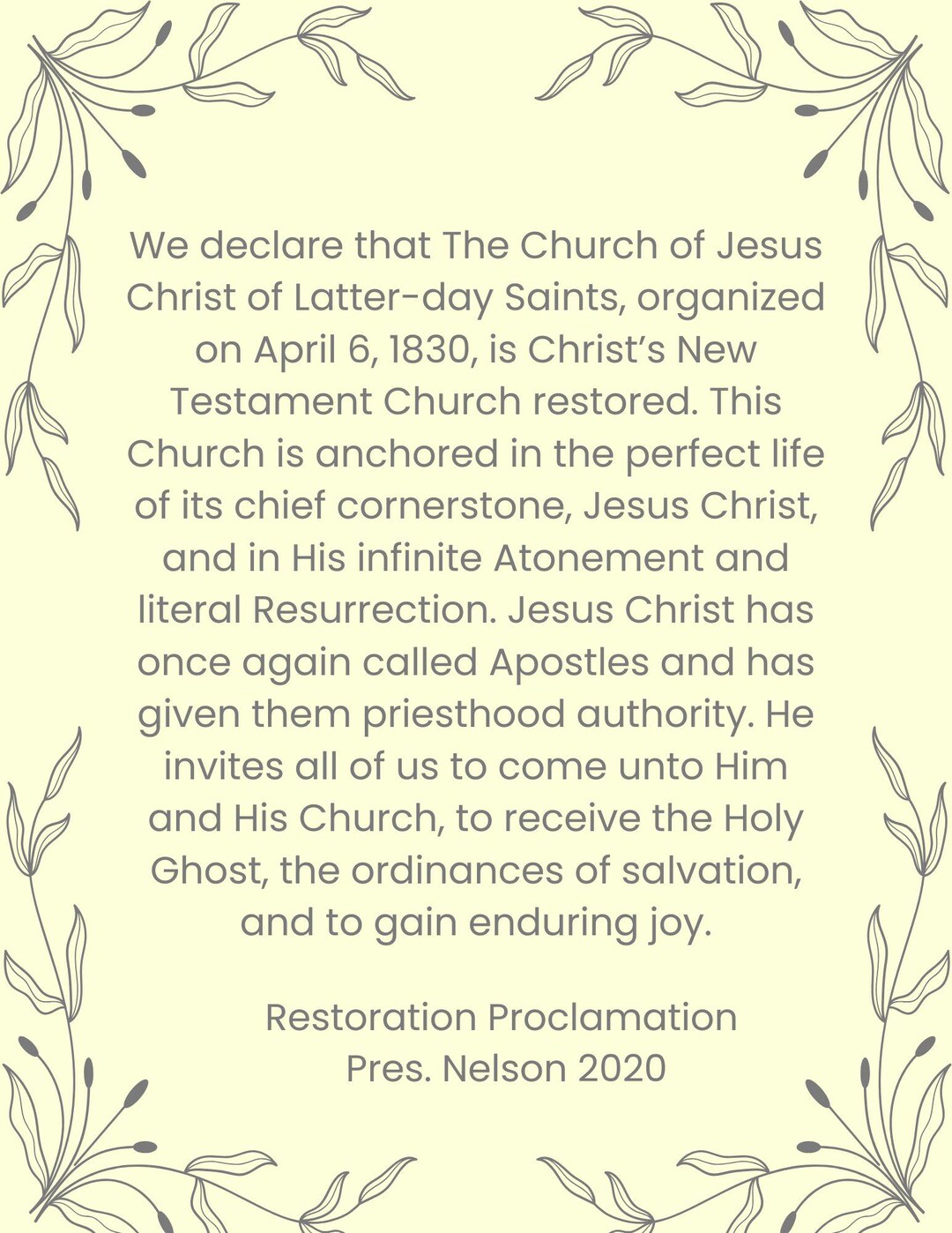 LDS Come Follow Me Doctrine and Covenants Restoration Proclamation ...