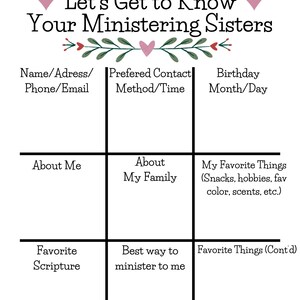 Könnte beinhalten: Ein druckbares Tic-Tac-Toe-Spiel mit dem Titel "Let's Get to Know Your Ministering Sisters". Das Spielbrett hat neun Felder mit Aufforderungen, um jemanden kennenzulernen, wie z. B. "Name/Adresse/Telefon/E-Mail", "Bevorzugte Kontaktmethode/Zeit", "Geburtsmonat/Tag", "Über mich", "Über meine Familie", "Meine Lieblingsdinge (Snacks, Hobbys, Lieblingsfarbe, Düfte usw.)", "Lieblingsbibelstelle", "Beste Art, mir zu dienen" und "Lieblingsdinge (Fortsetzung)".