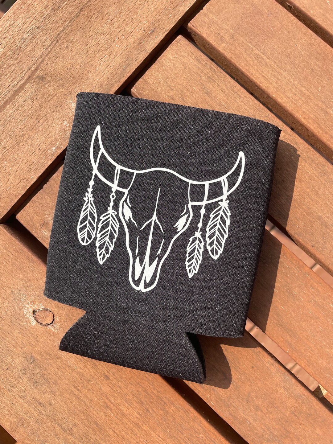 Cow Skull With Feathers Koozie Etsy