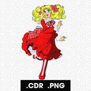 Peut inclure: Illustration de dessin animé d'une jeune fille aux cheveux blonds bouclés, aux yeux verts et vêtue d'une robe rouge avec des accents blancs. Elle porte un nœud rouge dans les cheveux et des chaussures rouges. Le texte ".CDR .PNG" est en bas.