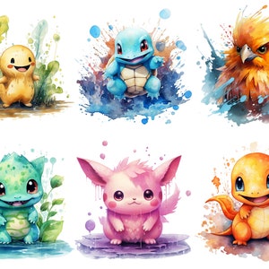 May include: Watercolor painting of six different Pokemon characters. The characters are Squirtle, Charmander, Bulbasaur, Pikachu, Eevee, and a green dinosaur-like Pokemon. The characters are all in different poses and are surrounded by watercolor splatters.