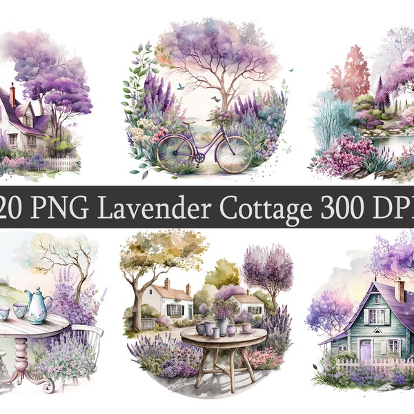 Watercolor Lavender Cottage PNG Clipart Bundle, Landscape Clip Art, Scrapbooking, Garden, Printable with Commercial Use