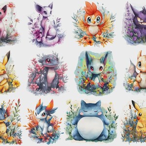May include: Watercolor illustrations of various cartoon creatures surrounded by flowers. The creatures are in different colors, including pink, purple, yellow, blue, and orange. The artwork has a whimsical and fantasy theme.