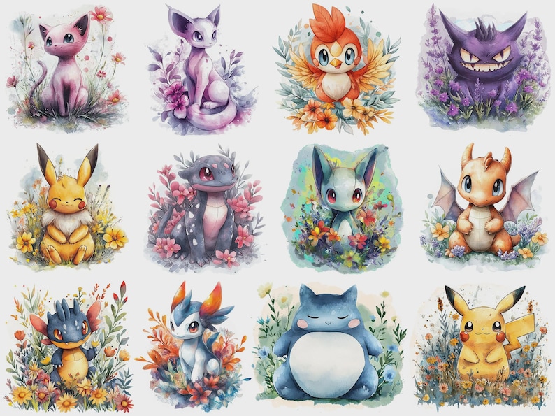May include: Watercolor illustrations of various cartoon creatures surrounded by flowers. The creatures are in different colors, including pink, purple, yellow, blue, and orange. The artwork has a whimsical and fantasy theme.