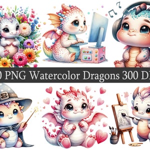 Pacote de clipart PNG de dragões em aquarela, download instantâneo, dragão mágico, chá de bebê, design de berçário, fundo transparente