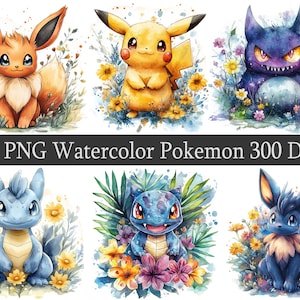 Paquete de imágenes prediseñadas de Pokémon en acuarela, arte de fan, PNG, descarga instantánea, monstruos de bolsillo, pegatinas, sublimación de Pokémon, diseño de cumpleaños
