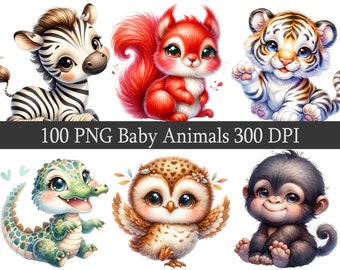 Watercolor Baby Animals ClipArt PNG Clipart Bundle, jungle animals, Forest animals, African animals, Baby Shower, Nursery Design sublimate
