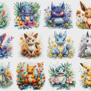 May include: Watercolor illustrations of various Pok&eacute;mon characters surrounded by colorful flowers and foliage. Each character is depicted in a unique pose, with vibrant colors and soft shading. The artwork has a whimsical and artistic style.