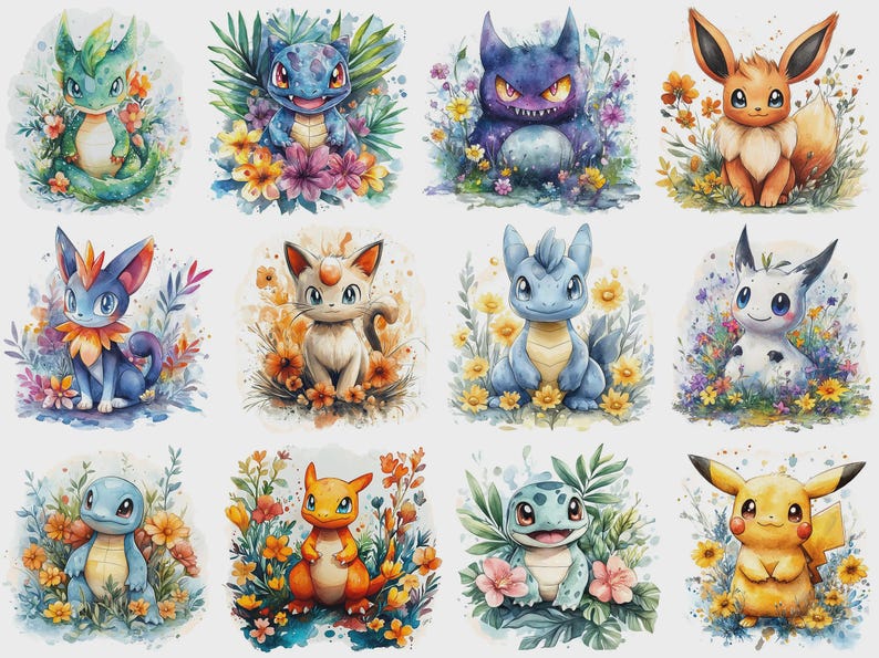 May include: Watercolor illustrations of various Pok&eacute;mon characters surrounded by colorful flowers and foliage. Each character is depicted in a unique pose, with vibrant colors and soft shading. The artwork has a whimsical and artistic style.