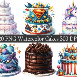 Bolo de aniversário aquarela PNG Clipart Bundle, Scrapbooking, comida png, Bolo de aniversário Clip Art, Arquivo para impressão, Design de sublimação