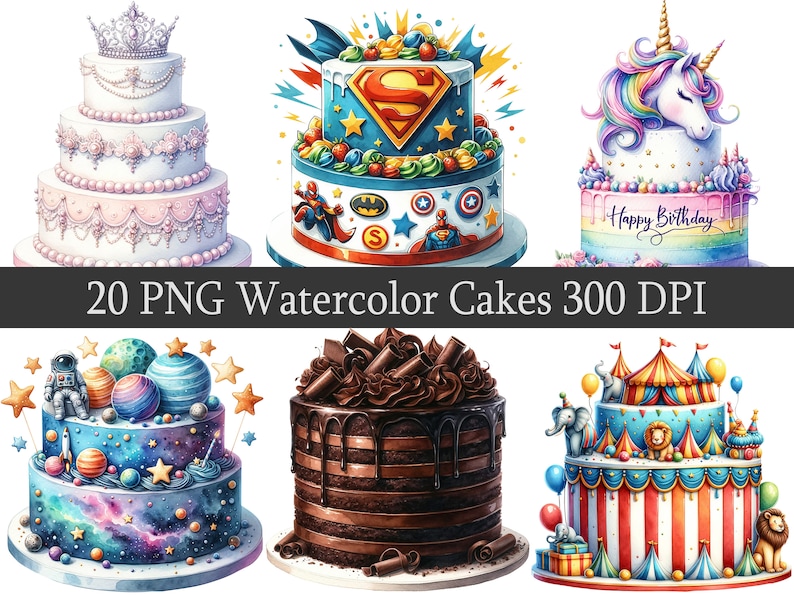Watercolor Birthday Cake PNG Clipart Bundle, Scrapbooking (digital ...