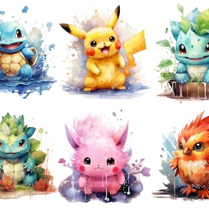May include: Watercolor painting of six different Pokemon characters. The characters are Squirtle, Pikachu, Bulbasaur, Ivysaur, Jigglypuff, and Charmander. Each character is depicted in a different pose and surrounded by watercolor splatters.