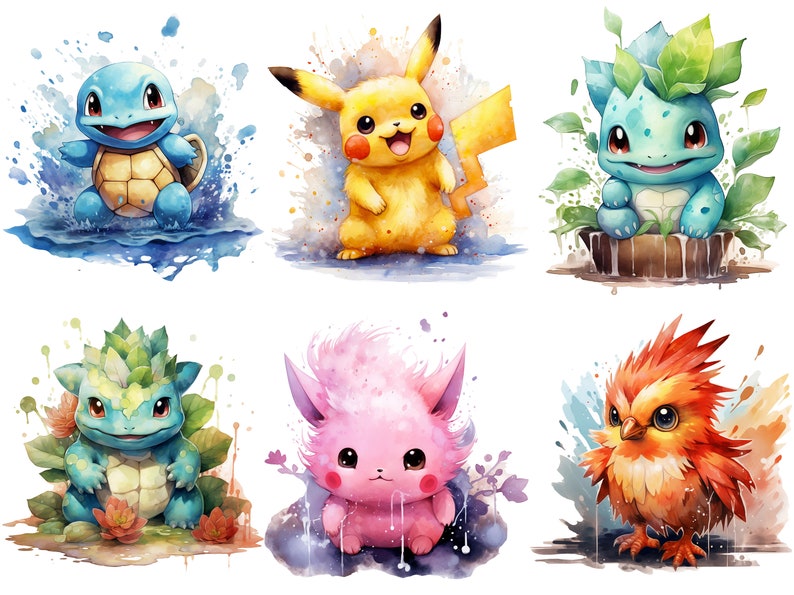 May include: Watercolor painting of six different Pokemon characters. The characters are Squirtle, Pikachu, Bulbasaur, Ivysaur, Jigglypuff, and Charmander. Each character is depicted in a different pose and surrounded by watercolor splatters.
