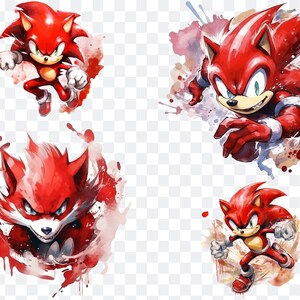 May include: Four digital illustrations of a red hedgehog character in different poses. The character has a spiky red mane, red eyes, and a red body. The illustrations are set against a white background with watercolor-like red and pink splatters.