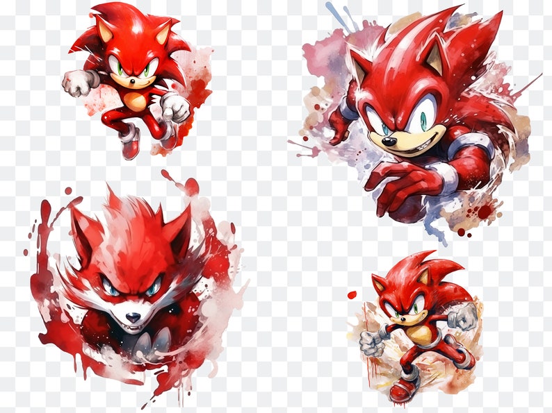 May include: Four digital illustrations of a red hedgehog character in different poses. The character has a spiky red mane, red eyes, and a red body. The illustrations are set against a white background with watercolor-like red and pink splatters.