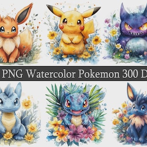 May include: Watercolor illustrations of various Pok&eacute;mon characters surrounded by flowers. The image includes Eevee, Pikachu, Gengar, and others. Text at the bottom reads "27 PNG Watercolor Pokemon 300 DPI".