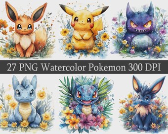 Watercolor Pokemon Clipart Bundle, Fan Art PNG (Instant Download)