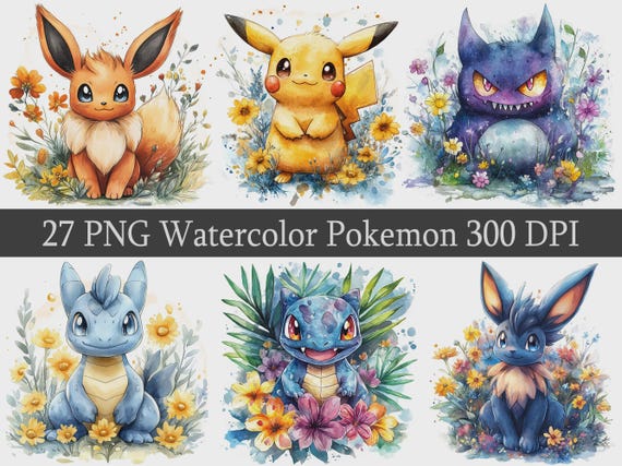 Watercolor Pokemon ClipArt Fan Art PNG Clipart Bundle, Instant Download, Pocket Monsters, Stickers, pokemon sublimate, Birthday Design