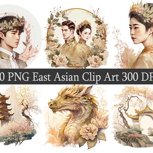 Watercolor East Asian PNG Clipart Bundle, Royal, Dragon, Vintage, Dragon, Landscape, Printable file with Commercial Use