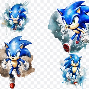 May include: Four watercolor illustrations of Sonic the Hedgehog in different poses. Sonic is a blue anthropomorphic hedgehog with red shoes and white gloves. He is known for his speed and his ability to curl into a ball.