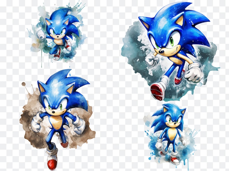 May include: Four watercolor illustrations of Sonic the Hedgehog in different poses. Sonic is a blue anthropomorphic hedgehog with red shoes and white gloves. He is known for his speed and his ability to curl into a ball.