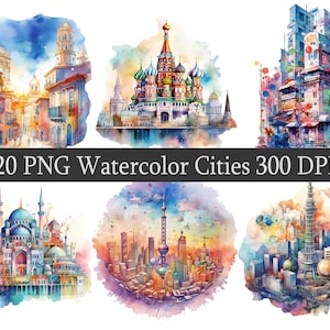 Pacote de clipart PNG de cidade em aquarela, Scrapbooking, pintura em aquarela de capital, arquivo para impressão, uso comercial