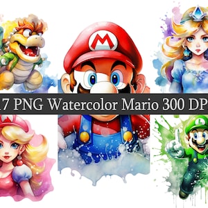 Aquarell Mario PNG Clipart-Bundle, Scrapbooking, Mario Fan Art Clip Art, druckbare Datei, Sublimationsdesign, Geburtstags-Design