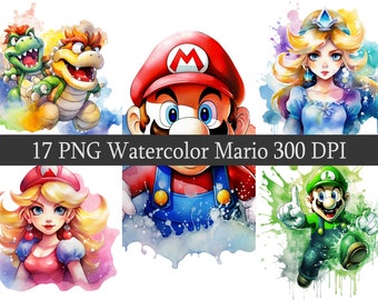 Watercolor Mario PNG Clipart Bundle, Scrapbooking, Mario Fan Art Clip Art, Printable file, Sublimation design, Birthday Design