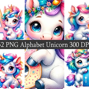 ClipArt Alphabet Unicorn PNG Clipart Bundle, Scrapbooking, Fan Art Clip Art, Arquivo para impressão, Design de sublimação, Arquivos png transparentes