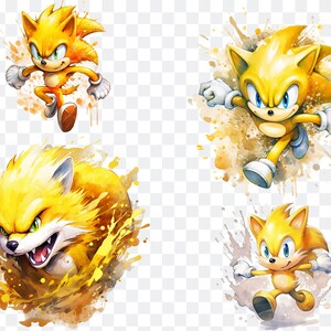 May include: Four watercolor illustrations of a yellow hedgehog character in different poses. The character is running, jumping, and in a curled-up position. The illustrations are set against a background of yellow and brown watercolor splatters.