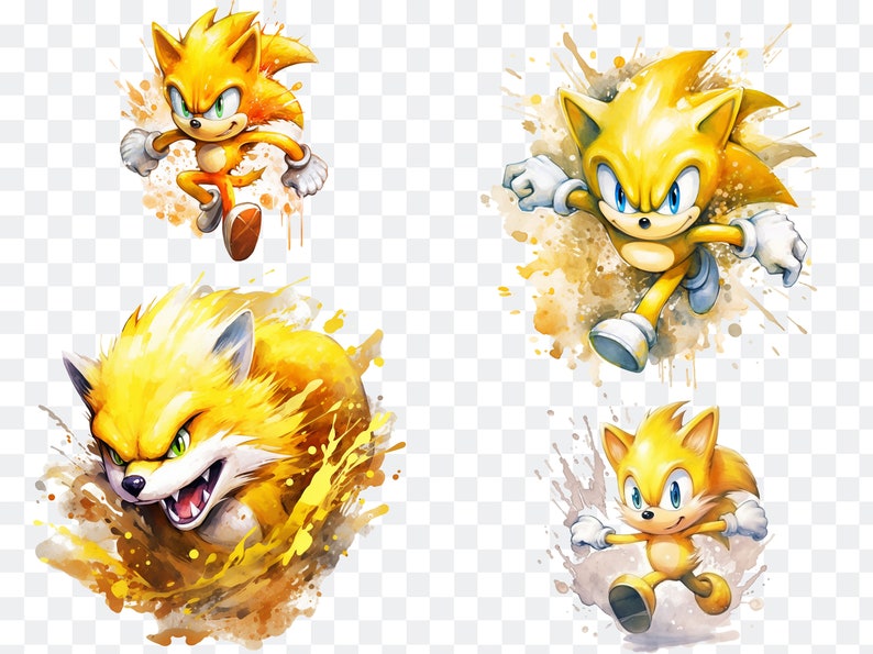 May include: Four watercolor illustrations of a yellow hedgehog character in different poses. The character is running, jumping, and in a curled-up position. The illustrations are set against a background of yellow and brown watercolor splatters.