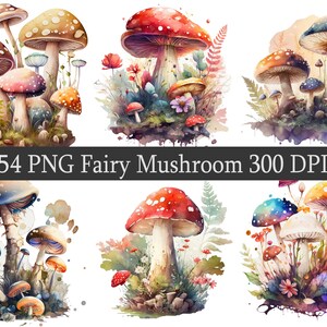 Pacchetto di clipart PNG di fata acquerello fungo, scrapbooking, foresta magica, adesivi, file stampabile con uso commerciale