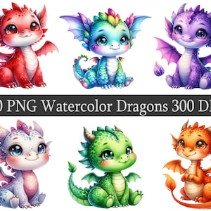 ClipArt PNG Clipart Bundle di draghi ad acquerello, download immediato, drago magico, baby shower, design per cameretta dei bambini, sfondo trasparente