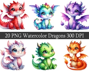Watercolor Dragons ClipArt PNG Clipart Bundle, Instant Download, Magical Dragon, Baby Shower, Nursery Design, Transparent Background