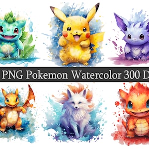 Watercolor Pokemon ClipArt Fan Art PNG Clipart Bundle, Instant Download, Pocket Monsters, Stickers, pokemon sublimate, Birthday Design