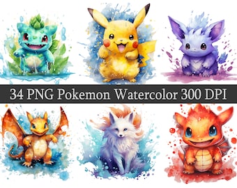 Watercolor Pokemon Clipart, PNG Fan Art Bundle (Digital Download)