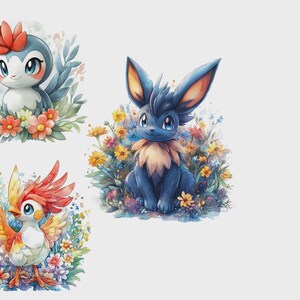 May include: Watercolor illustrations of three fantasy creatures. A blue and white penguin-like creature with orange accents, a blue rabbit-like creature, and a colorful bird, all surrounded by flowers and foliage.