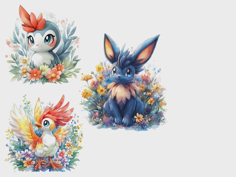 May include: Watercolor illustrations of three fantasy creatures. A blue and white penguin-like creature with orange accents, a blue rabbit-like creature, and a colorful bird, all surrounded by flowers and foliage.