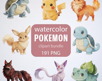 Watercolor Pokemon ClipArt Fan Art PNG Clipart Bundle 191 PNG, Instant Download, Pocket Monsters, pokemon sublimate, Birthday Design