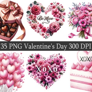 Paquete de imágenes prediseñadas PNG del día de San Valentín en acuarela, descarga instantánea, flores png, día de San Valentín, diseño de aniversario transparente