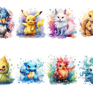 May include: Watercolor painting of eight different Pokemon characters. The characters are Pikachu, Eevee, Charmander, Squirtle, Bulbasaur, Vaporeon, Flareon, and Jolteon. Each character is surrounded by colorful watercolor splatters.
