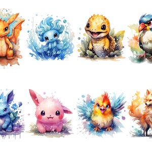 May include: Watercolor painting of eight different cartoon creatures. The creatures are a dragon, a water nymph, a lizard, a bird, a water pokemon, a pink pokemon, a bird pokemon, and a fox pokemon.