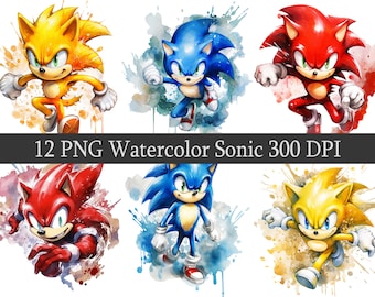 Watercolor Sonic PNG Clipart Bundle, Scrapbooking, Sonic Fan Art Clip Art, Printable file, Sublimation design, Birthday Design