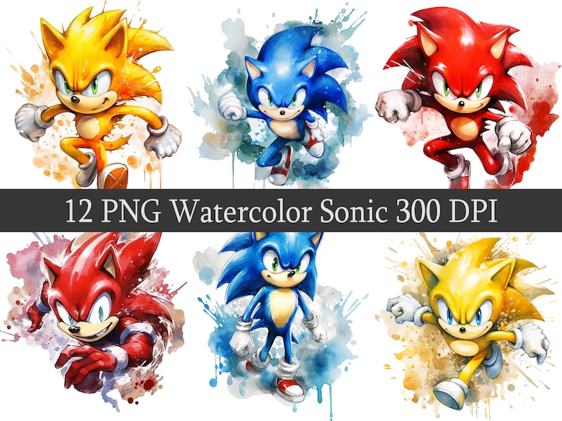 May include: A set of 12 watercolor illustrations of Sonic the Hedgehog characters. The characters are in various poses and are surrounded by watercolor splatters. The characters are Sonic, Tails, Knuckles, and Shadow. The illustrations are in a cartoon style and are perfect for fans of the Sonic the Hedgehog franchise.