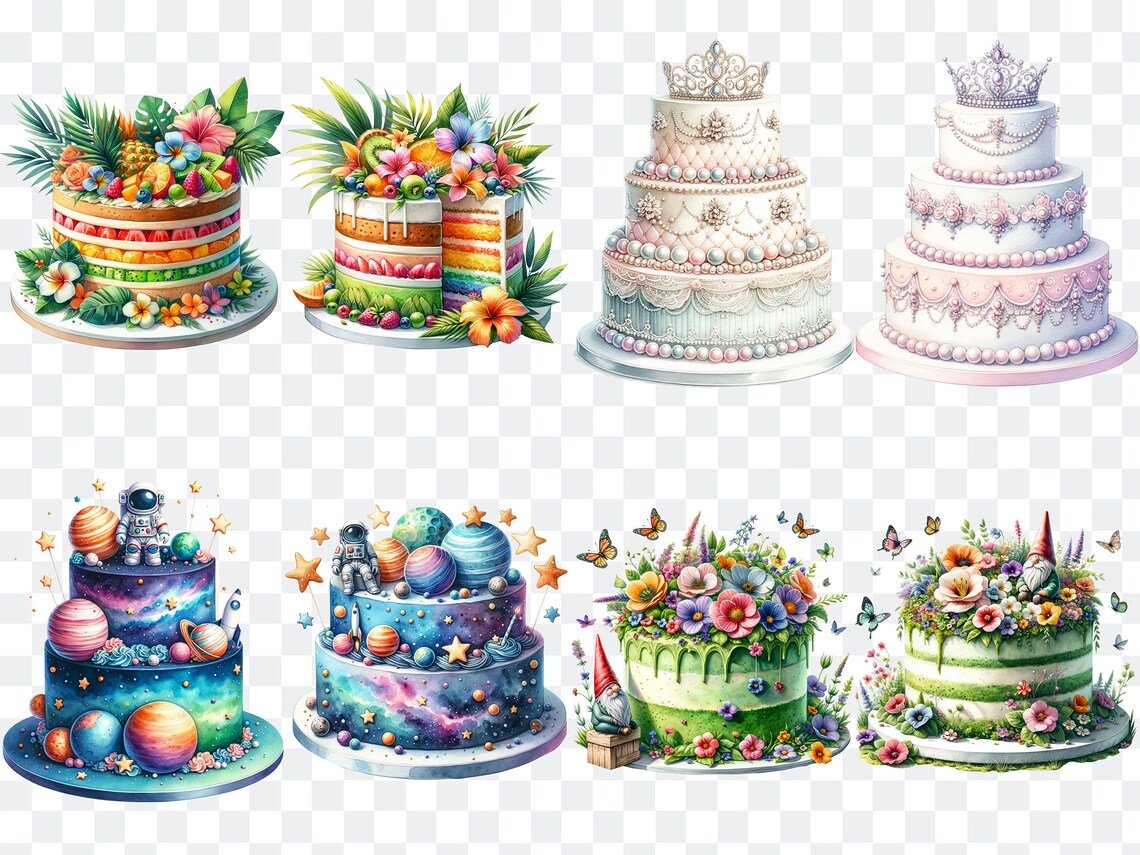 Watercolor Birthday Cake PNG Clipart Bundle, Scrapbooking (digital ...