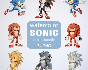 Watercolor Sonic Clipart Bundle, Fan Art PNG, Birthday Design (Digital Download)