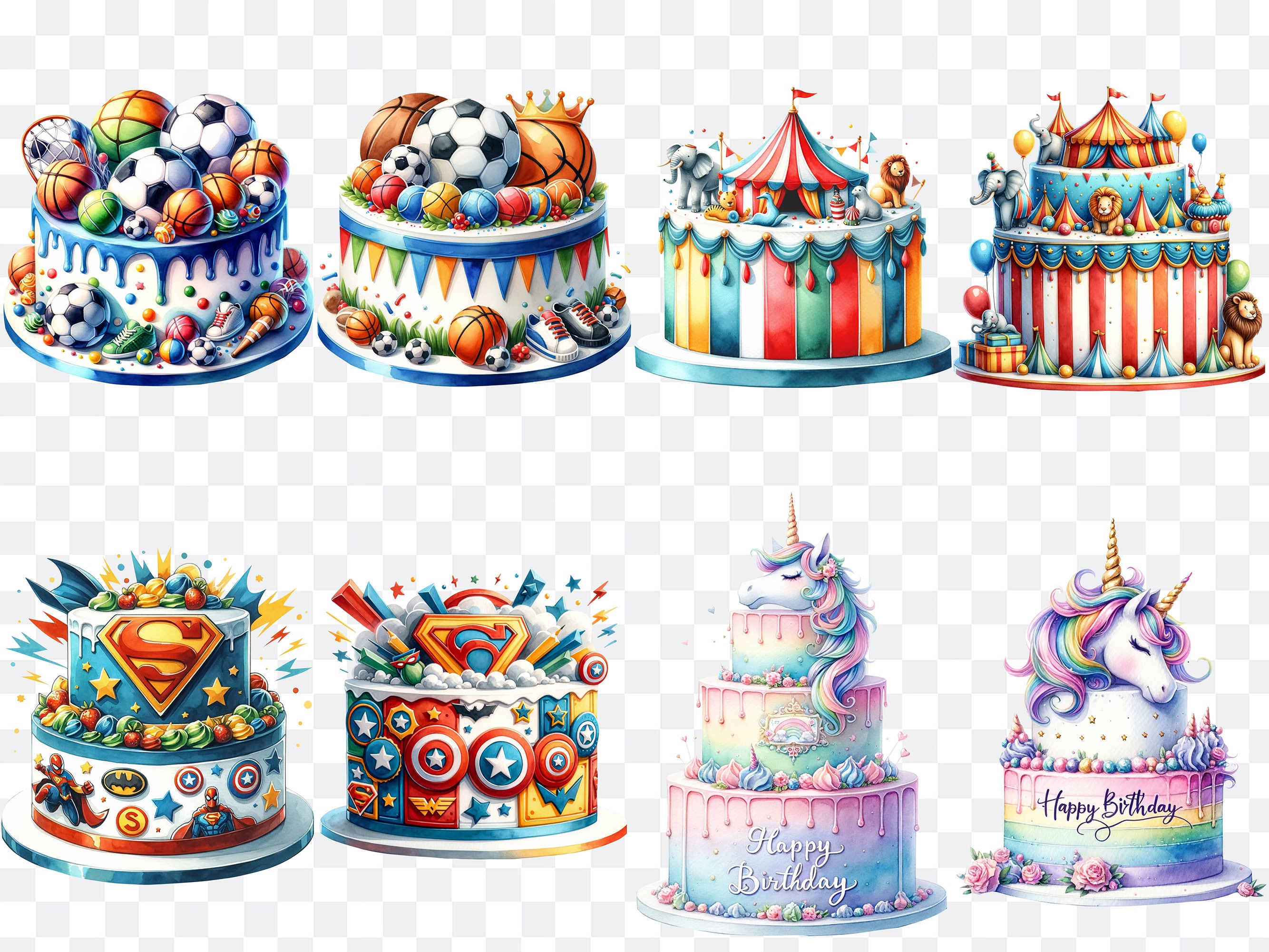 Watercolor Birthday Cake PNG Clipart Bundle, Scrapbooking (digital ...