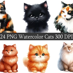 ClipArt PNG Clipart Bundle di gatti ad acquerello, download immediato, gatto carino, gatto per San Valentino, design di compleanno sublimato, design per la cameretta dei bambini