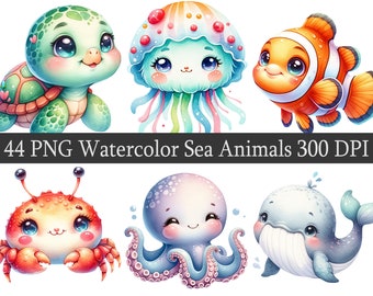 Watercolor Baby Sea Animals ClipArt PNG Clipart Bundle, Instant Download, marine animal, Baby Shower, Nursery Design, Transparent Background