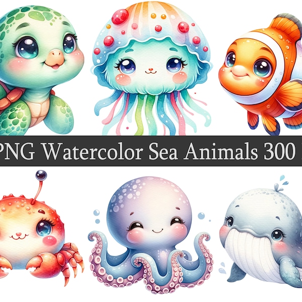 Acquerello Baby Sea Animals ClipArt PNG Clipart Bundle, Download istantaneo, animale marino, Baby Shower, Nursery Design, Sfondo trasparente